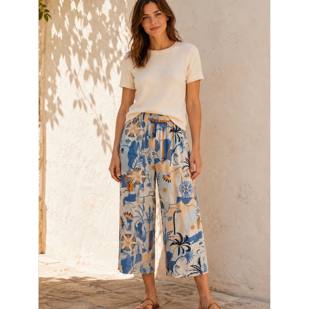 Nicole Miller 100% Linen Tropical Print Wide Leg Resortwear Pants Euro Summer S